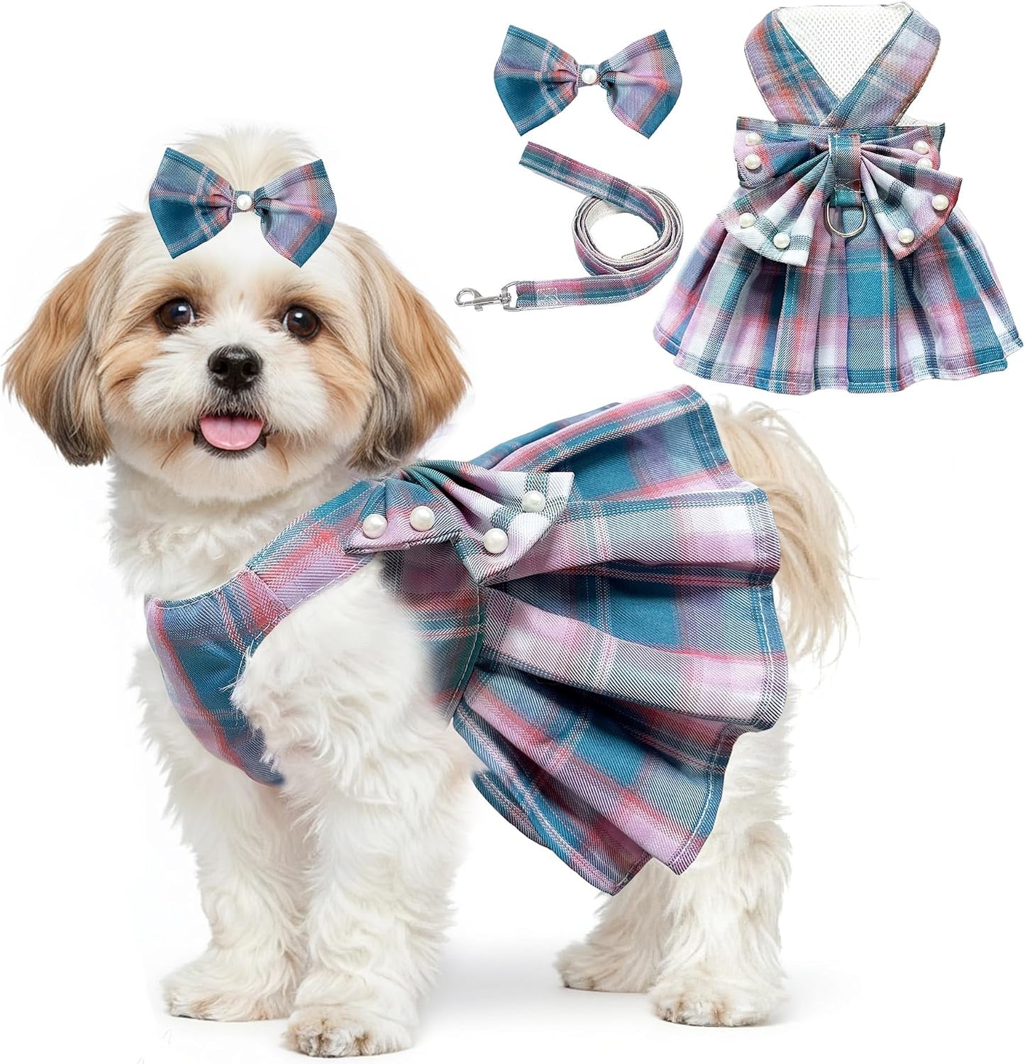 Dog Dress Bowknot Harness Leash Set for Small Dogs Girl Cute Plaid Dog Dress Pearls Bow Tie Spring Summer Princess Clothes Birthday Holiday Doggie Outfits for Puppy Cats Girl Apparel (Black, Small) - Image 12