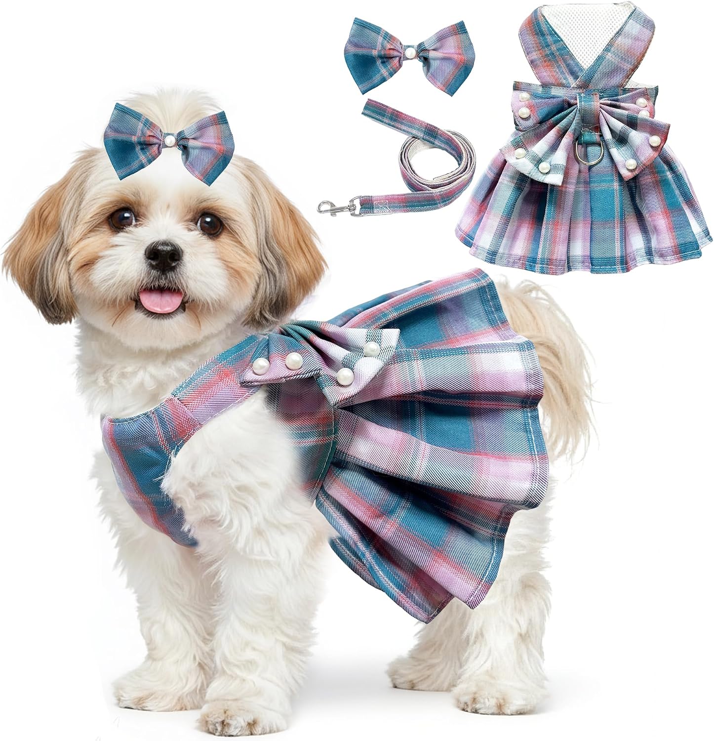 Dog Dress Bowknot Harness Leash Set for Small Dogs Girl Cute Plaid Dog Dress Pearls Bow Tie Spring Summer Princess Clothes Birthday Holiday Doggie Outfits for Puppy Cats Girl Apparel (Black, Small) - Image 12