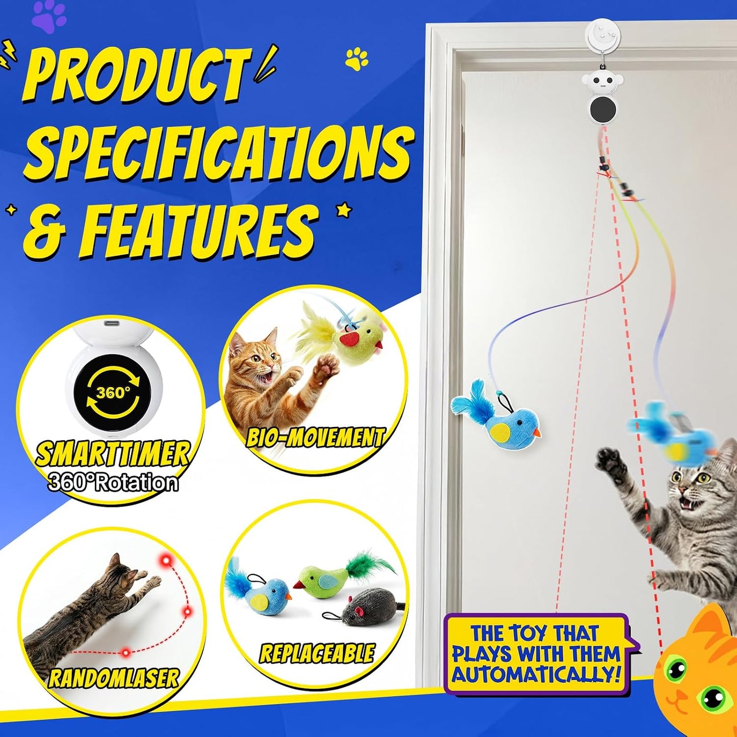 Smart moving wand toy with dual modes for indoor cat exercise.