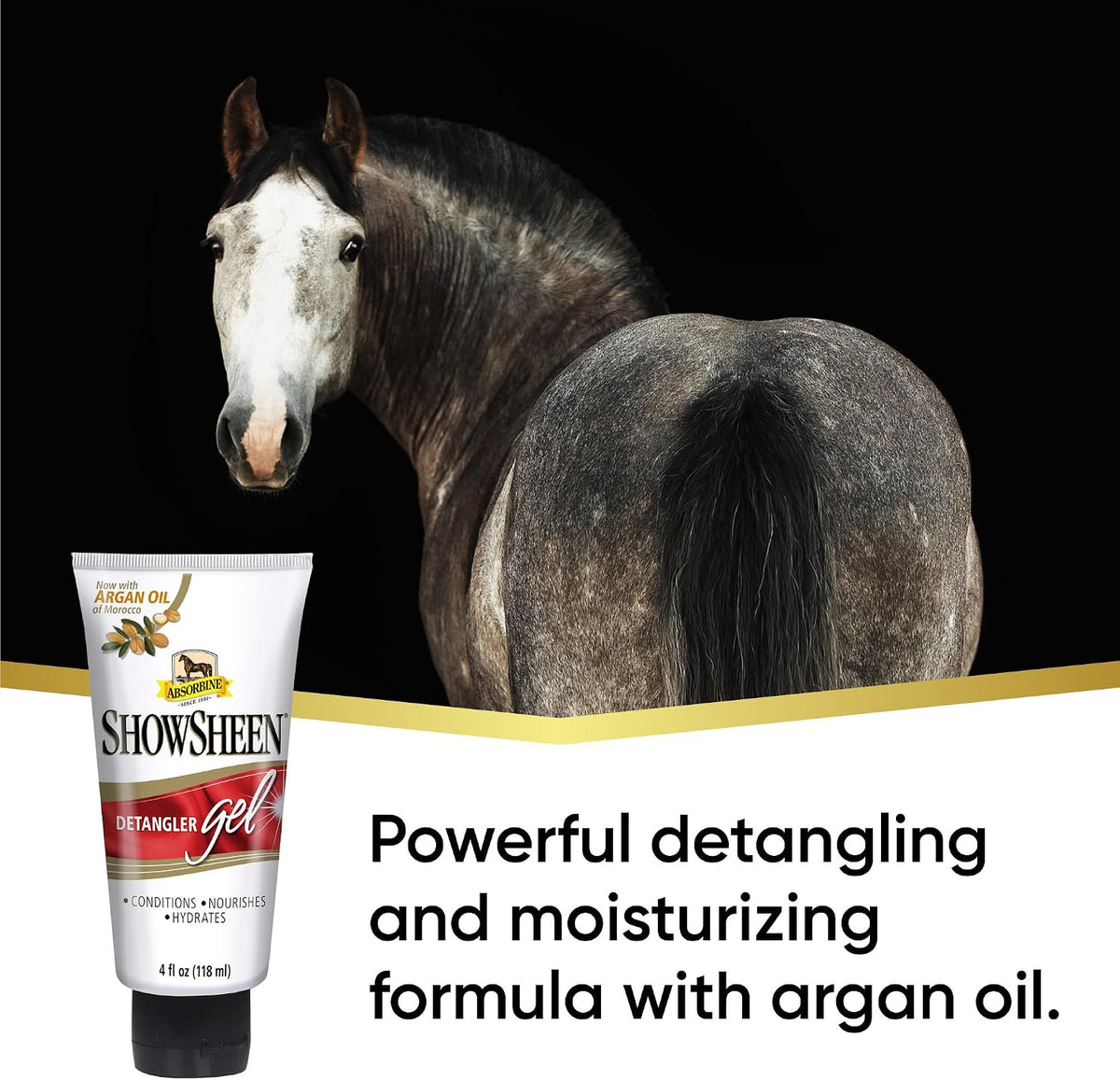 Absorbine ShowSheen Detangler Gel with Moroccan Argan Oil showing the precise infuser applicator cap.