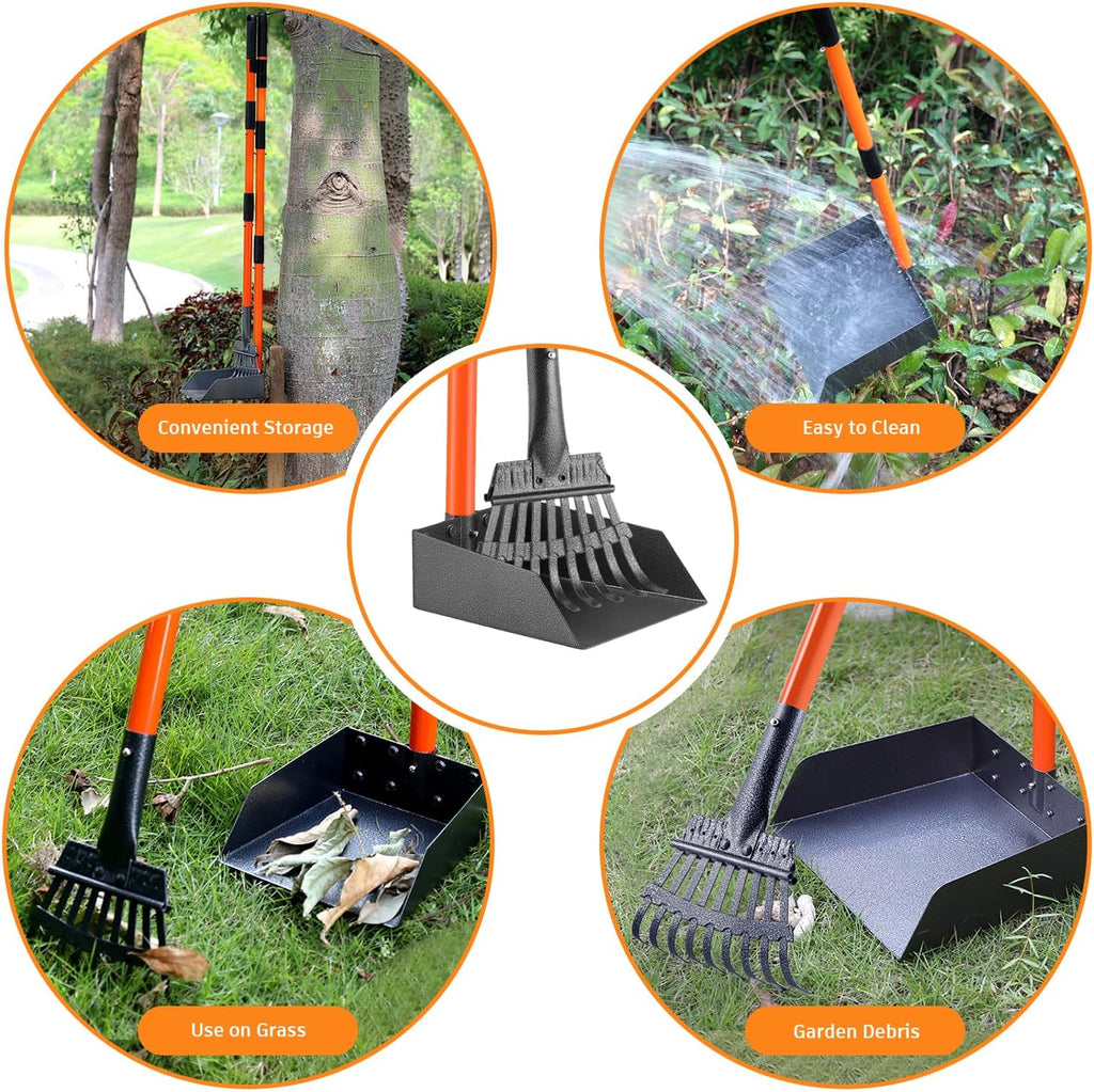 Compact backyard storage clip holding the metal rake and tray together.