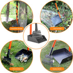 Compact backyard storage clip holding the metal rake and tray together.