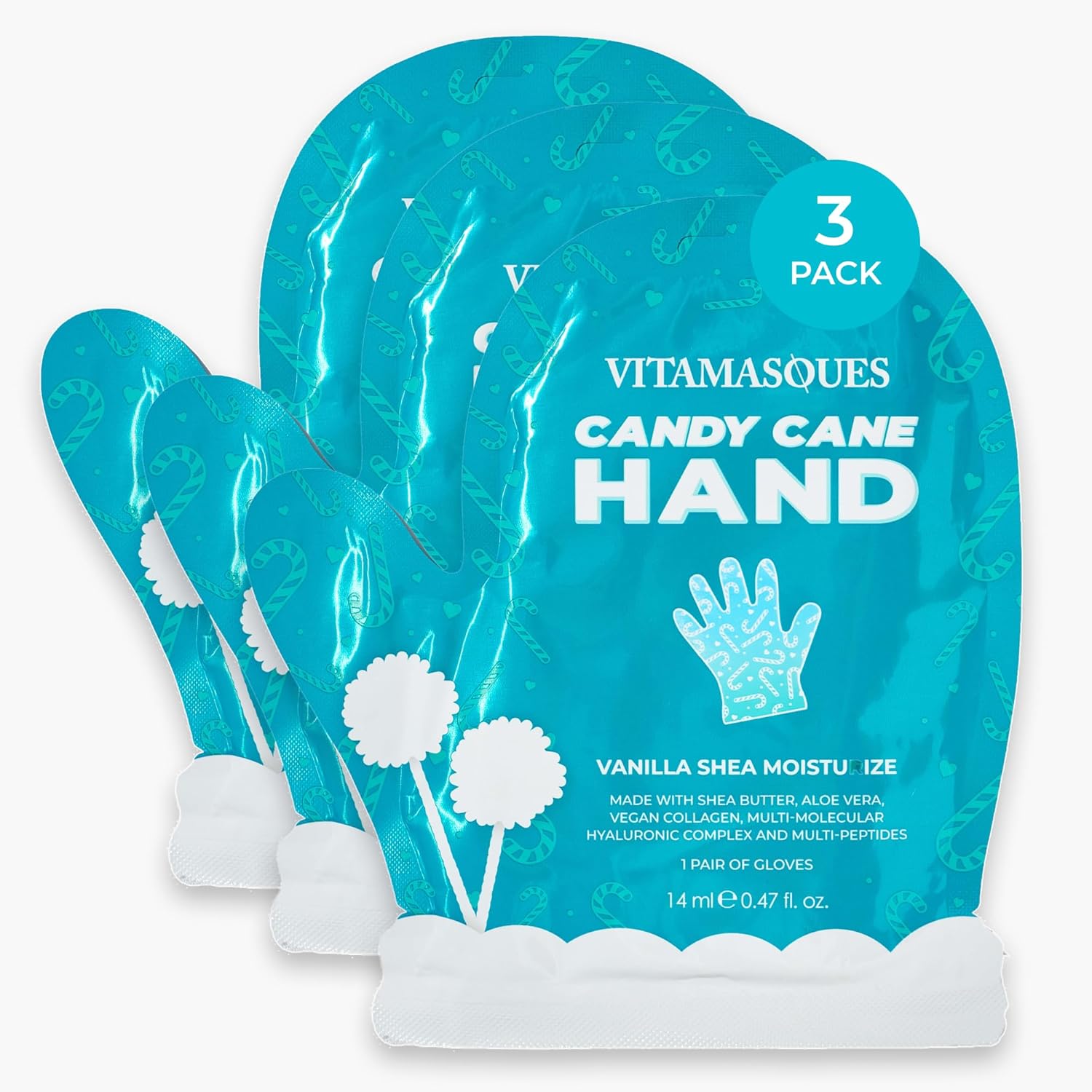 Vitamasques Candy Cane Moisturizing Hand Mask 3 Pack front view