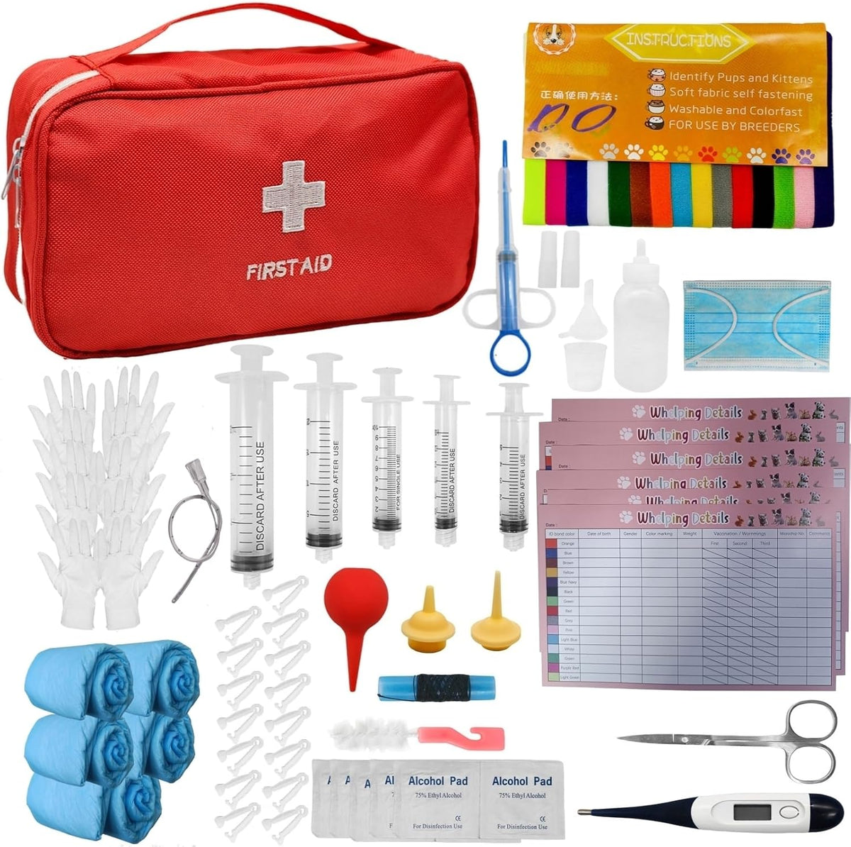 Ywingda 77 piece puppy whelping kit front view showcasing red medical pouch and professional birthing tools.