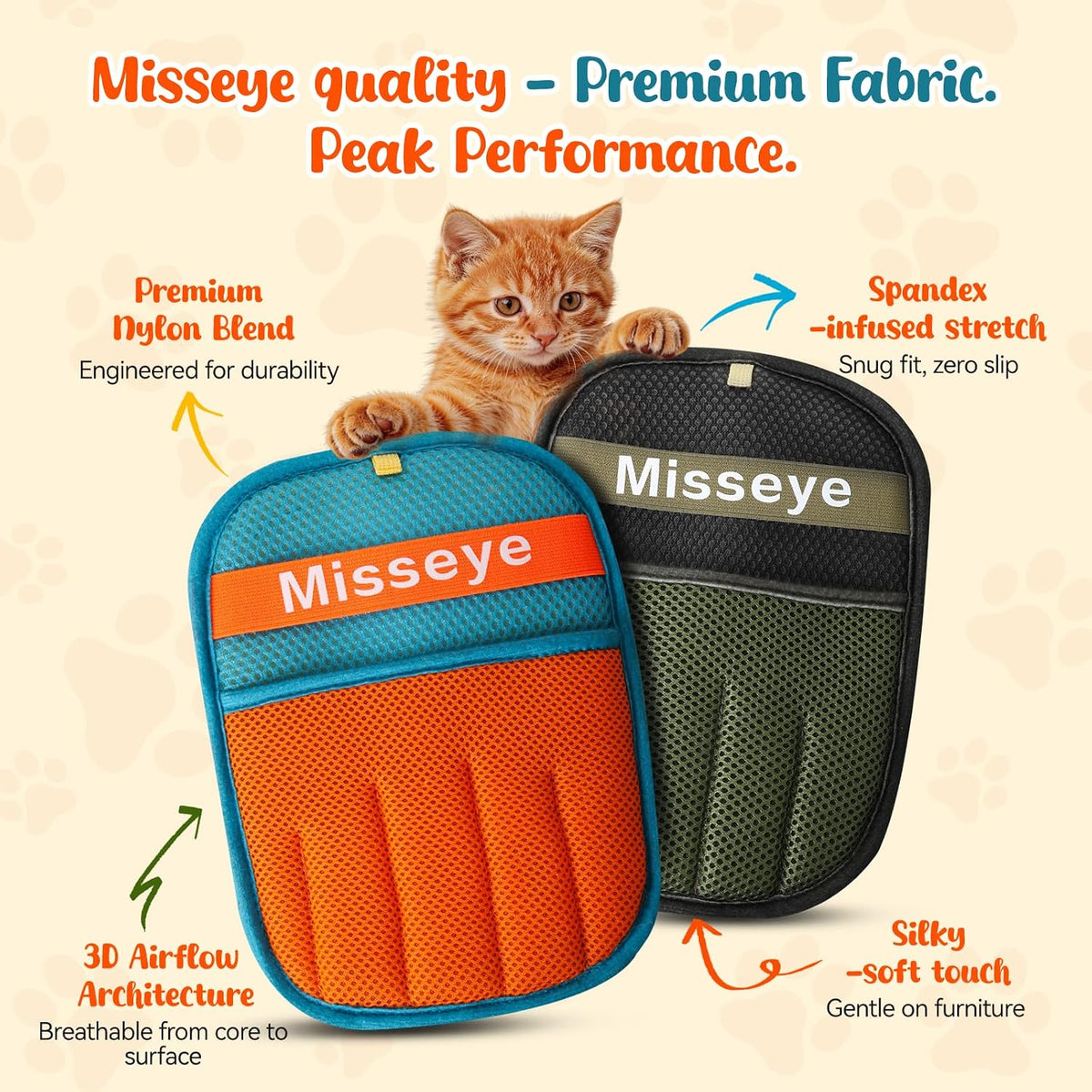 Blue and orange electrostatic pet hair mitt hand strap detail view