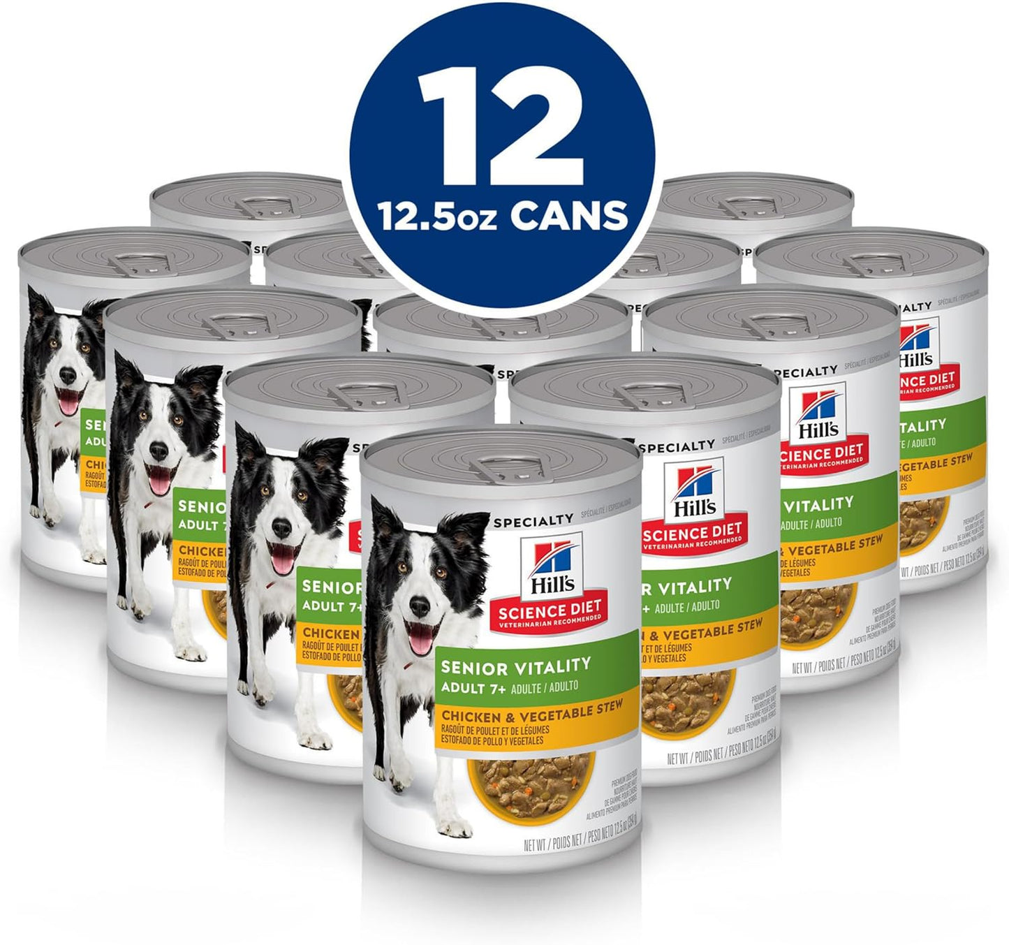 USA imported senior dog wet food can showing nutritional information and ingredients
