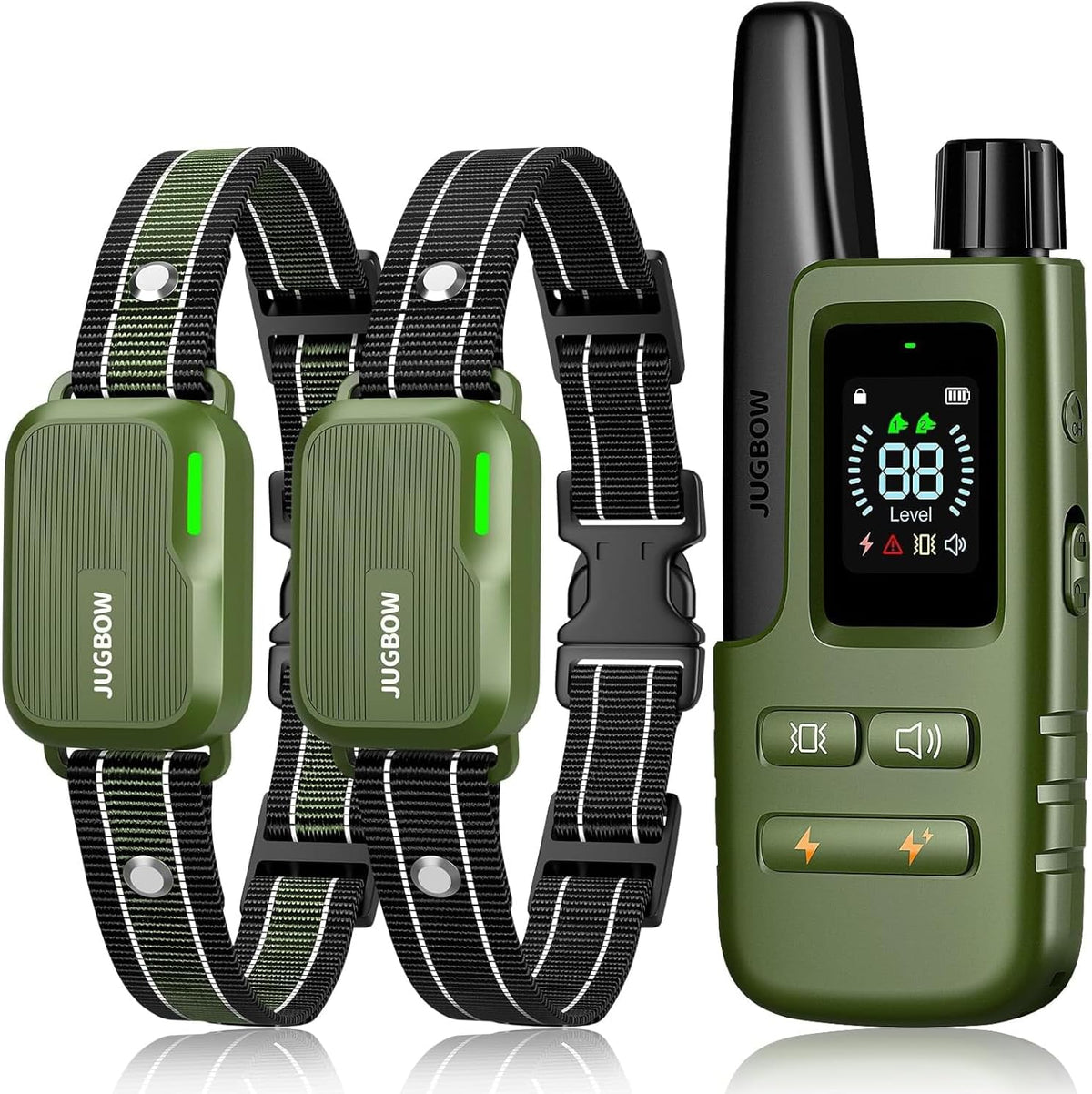 Jugbow double dog training shock collar system front view showing green remote screen and two receivers
