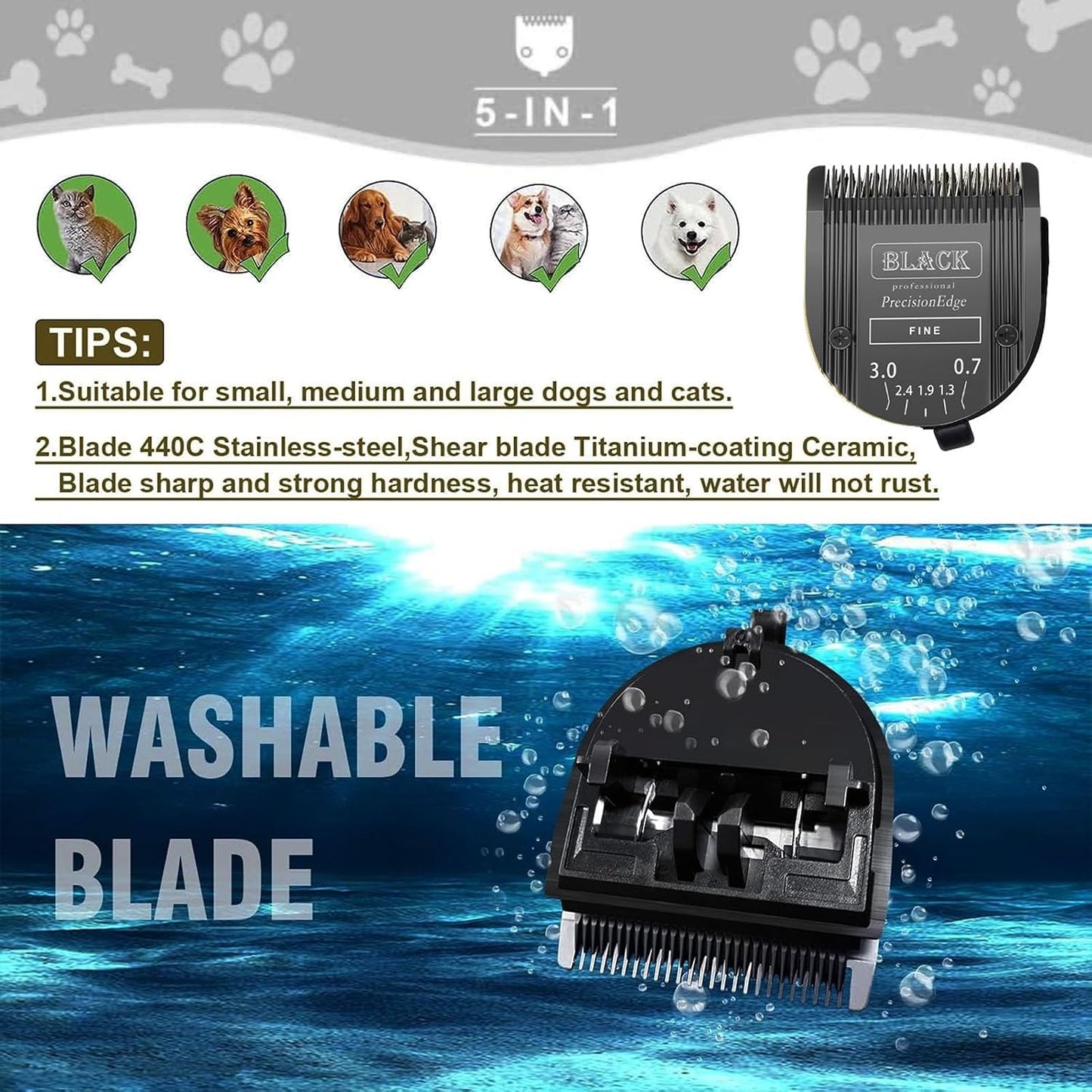 Audoc stainless steel pet grooming blades size 9 to 40 length adjustment close up.