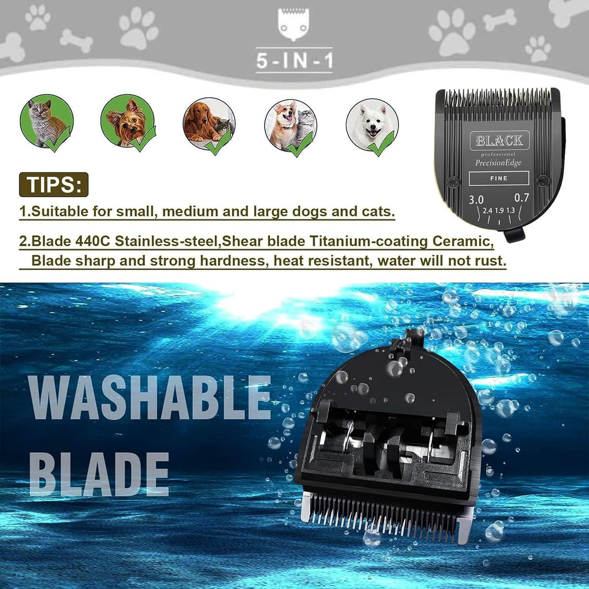 Audoc stainless steel pet grooming blades size 9 to 40 length adjustment close up.