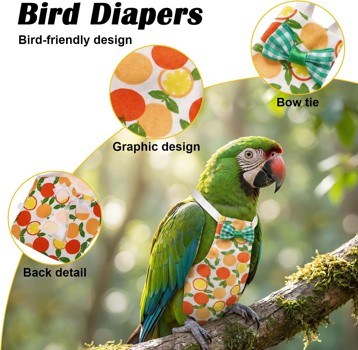 Two pieces of washable bird clothes with attached training leash loops