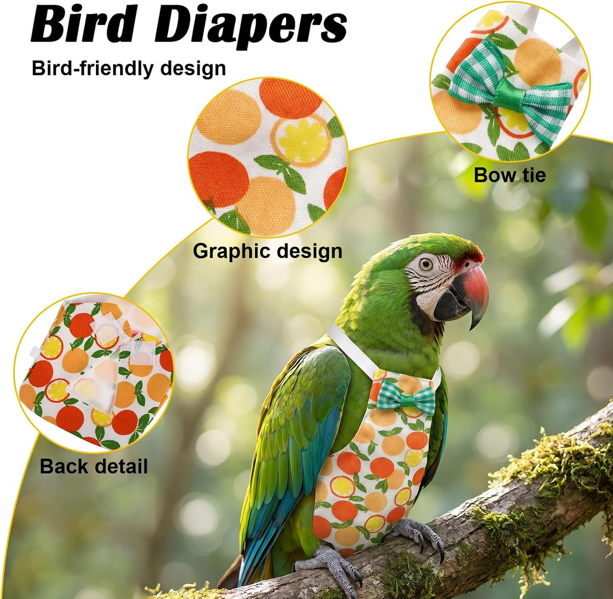 Close up of soft fabric and decorative bowtie on bird diaper