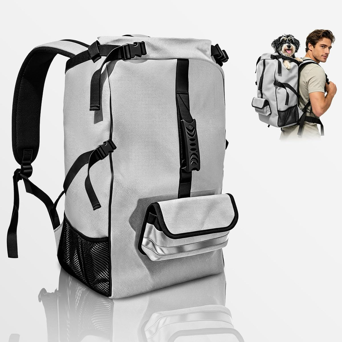 Folded state of the ZIPOWEY premium dog backpack illustrating its space-saving and easy-to-clean travel design.