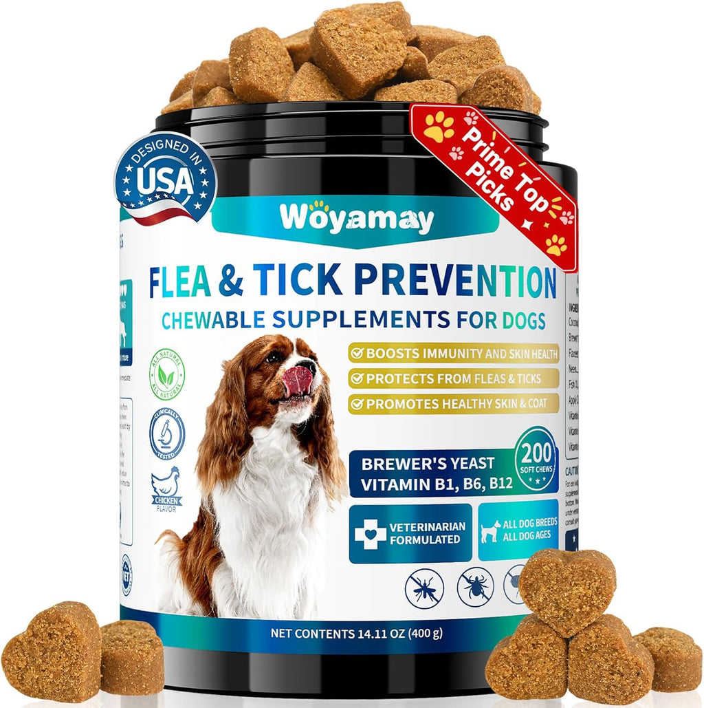 Woyamay Flea and Tick Prevention for Dogs Chewables front packaging view showing 200 soft treats.