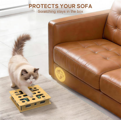 Treat motivated cat scratching puzzle box showing the detachable lid mechanism for easy cleaning.