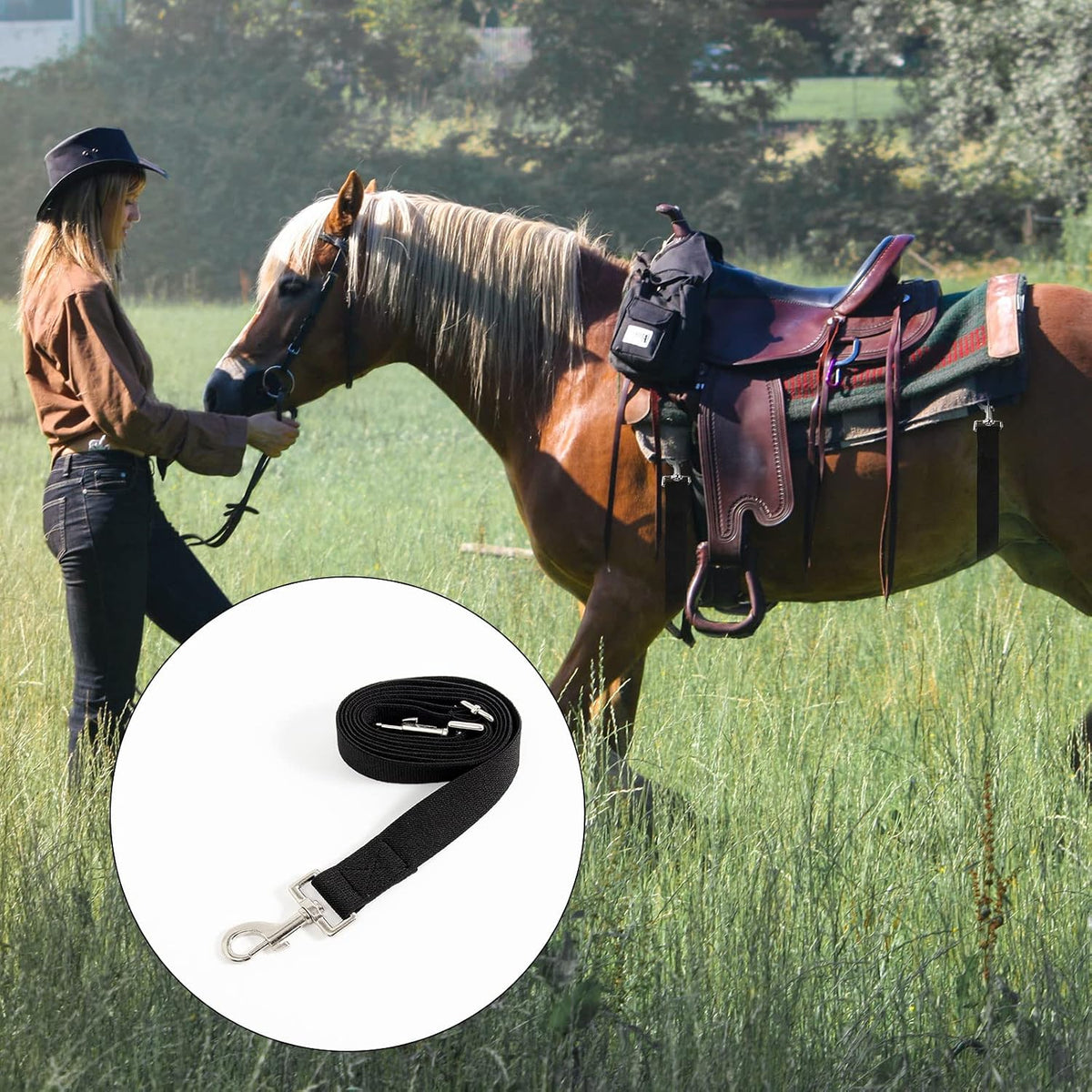Premium equestrian accessory pack showing two durable black nylon surcingle straps with anti rust clips