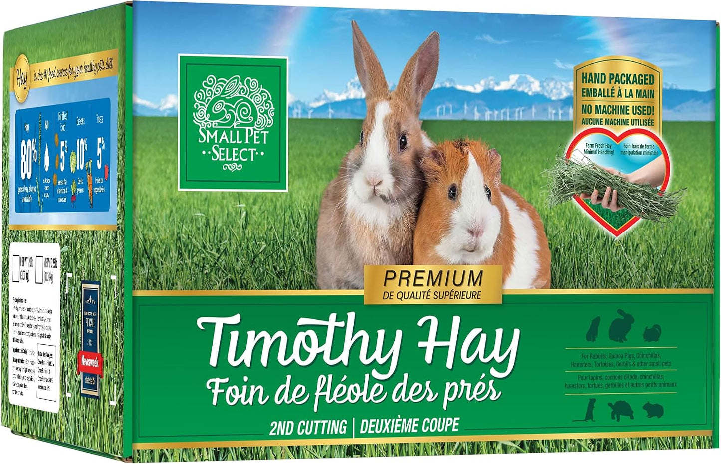 Small Pet Select 2nd Cutting Timothy Hay 12 Pound box front view showing rabbit and guinea pig graphics.