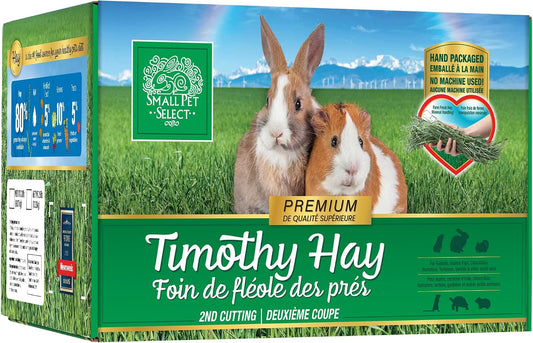 Small Pet Select 2nd Cutting Timothy Hay 12 Pound box front view showing rabbit and guinea pig graphics.