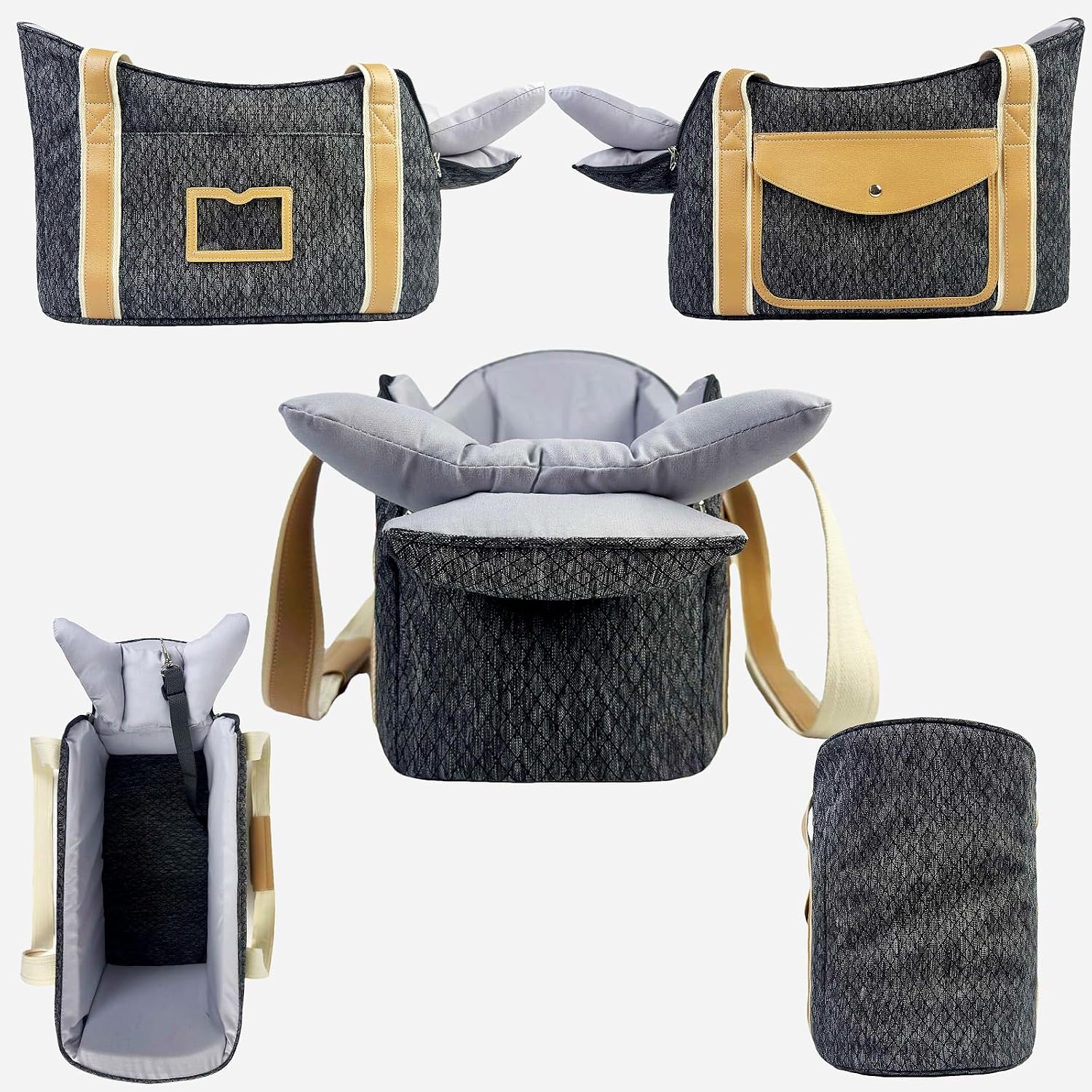Small puppy sitting inside BatlFrist pet carrier purse