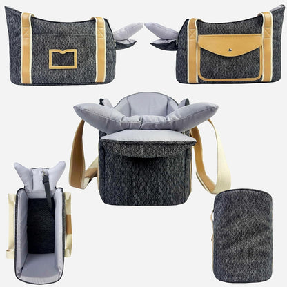 Small puppy sitting inside BatlFrist pet carrier purse
