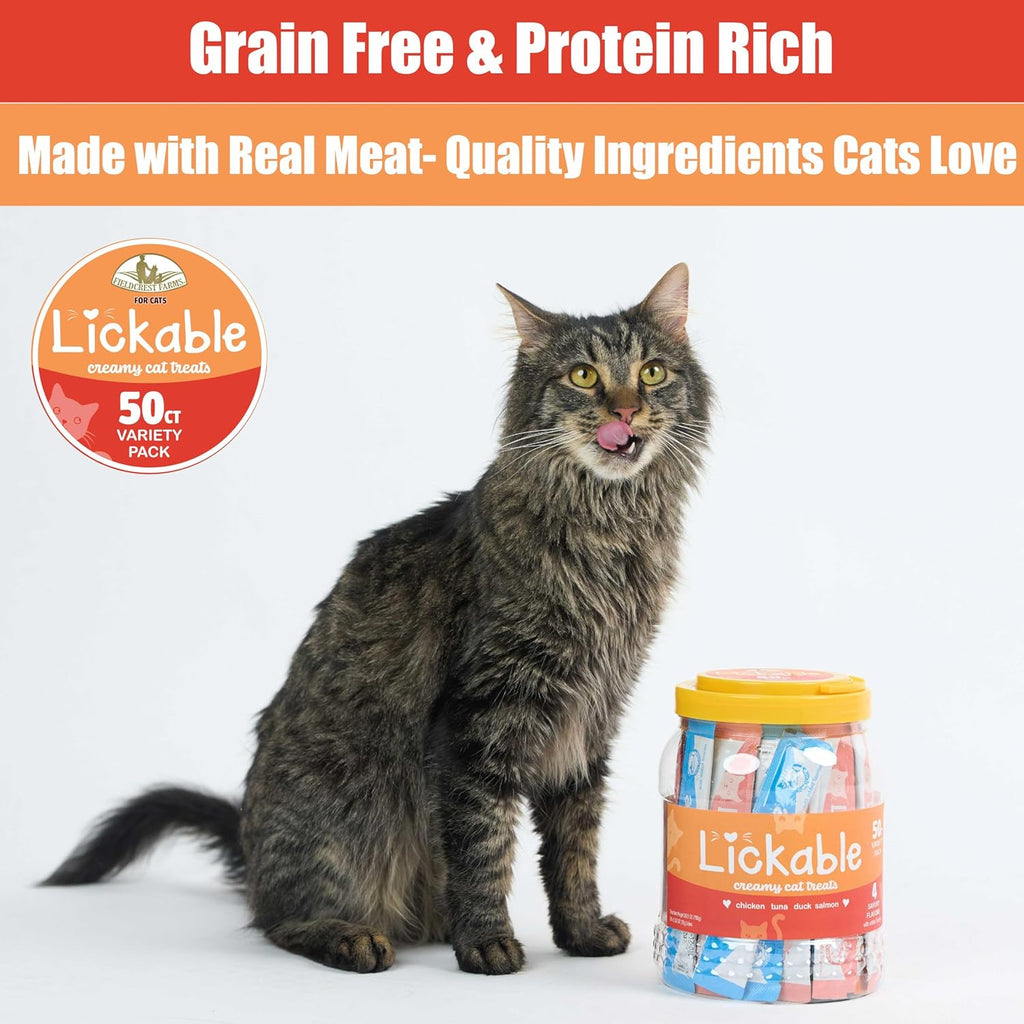 Fieldcrest Farms Lickable Cat Treats, 50 Count Variety Pack | Chicken, Tuna, Duck, Salmon, Thick & Protein-Rich Squeeze Tubes, With Taurine, Grain Free, 6 Calories Per Tube - Image 9