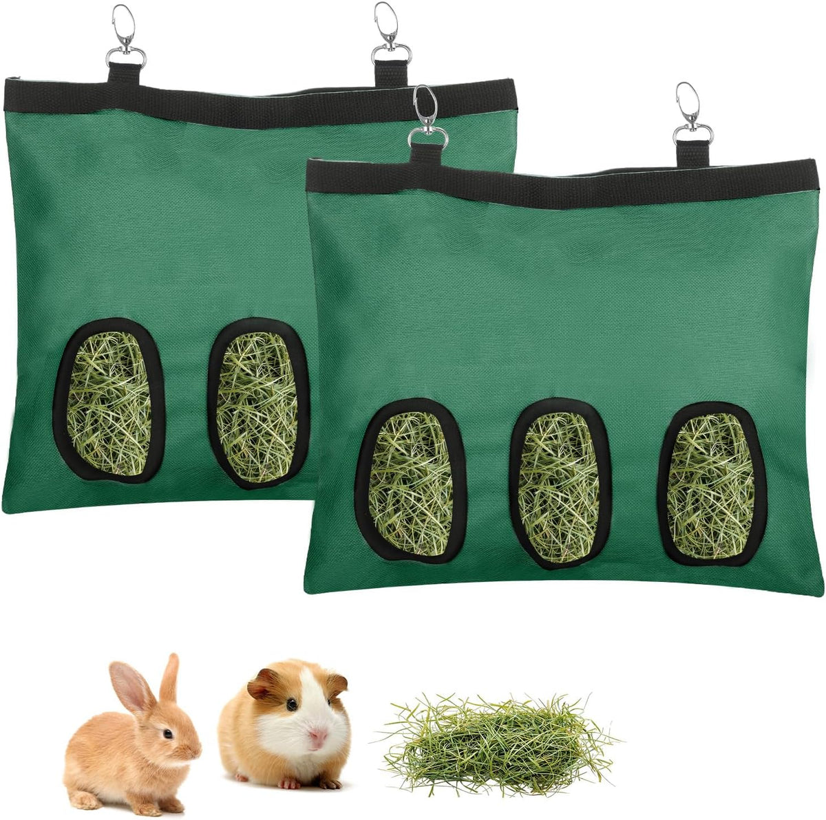 2 Pcs Rabbit Hay Feeder,Guinea Pig Hay Feeder,13x10.8 Inch Guinea Pig Bag,Small Animal Feeding Bag for Rabbits, Hamsters, Hedgehogs(3 Holes,Green) - Image 1
