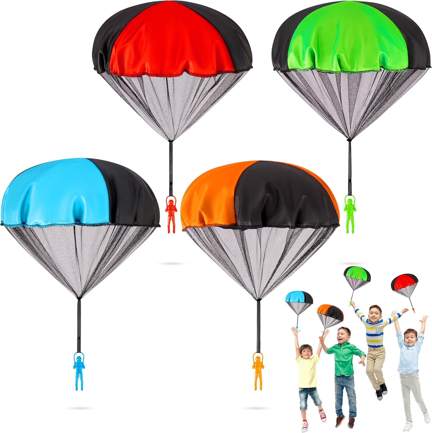 Yeeeasy Tangle Free Parachute Toys Four Pack front view showcasing vibrant colorful rip-stop nylon canopies.