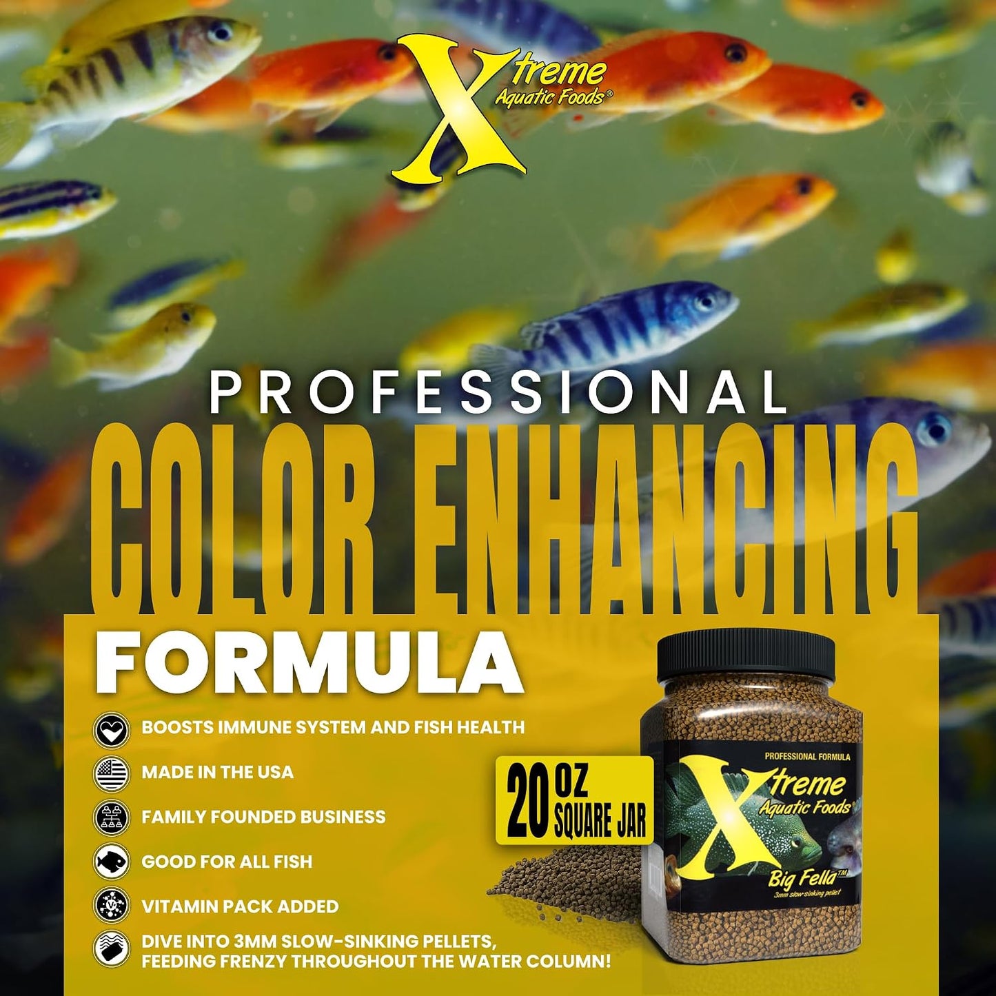Xtreme Aquatic Foods USA made logo on product packaging