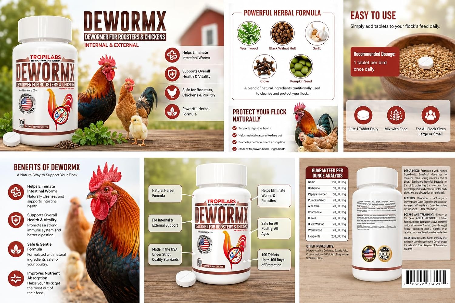 Side angle of Farmalab internal and external parasite supplement highlighting poultry health benefits.