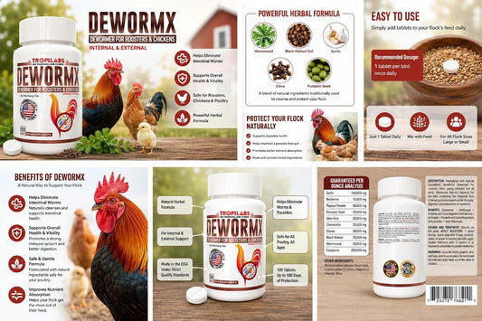 Side angle of Farmalab internal and external parasite supplement highlighting poultry health benefits.