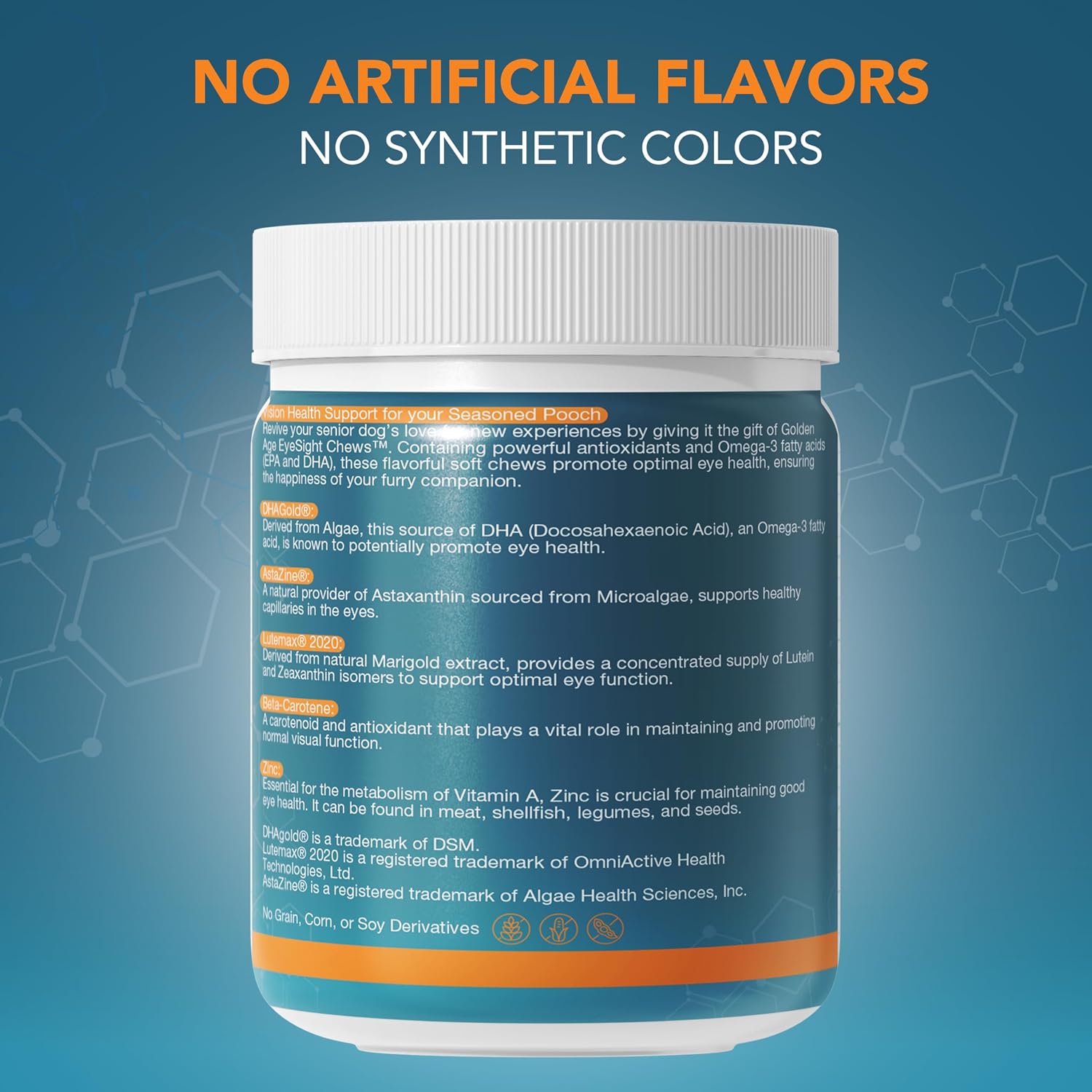 Dog eyesight soft chews ingredient highlights including vitamin C and zinc.