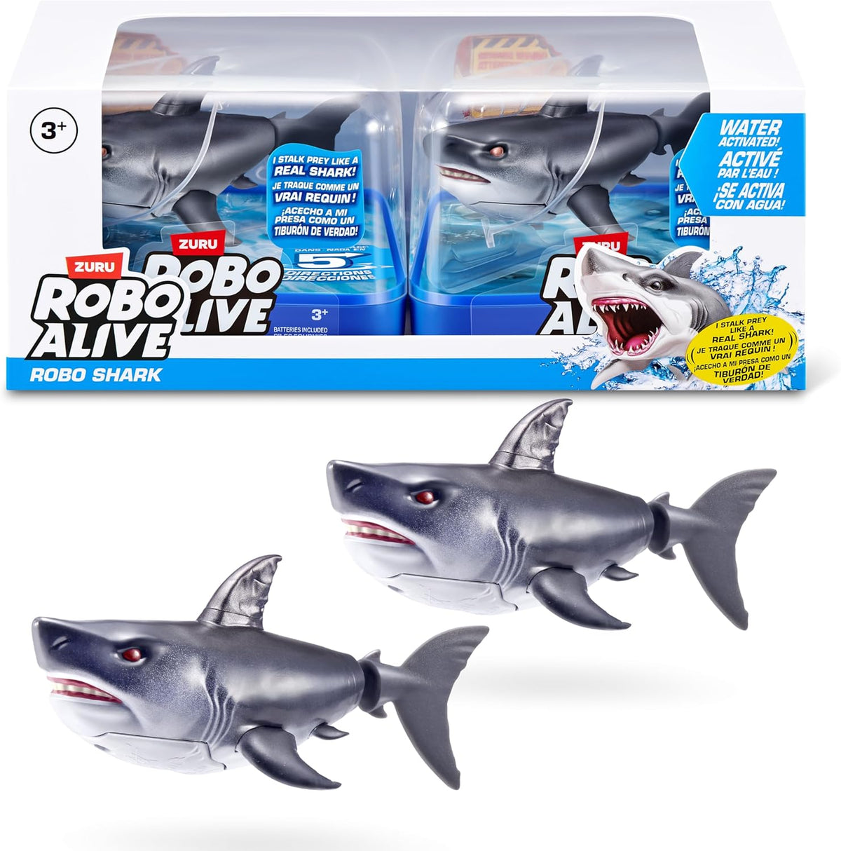 Robo Alive water activated shark two pack grey front view interactive robotic bath toy