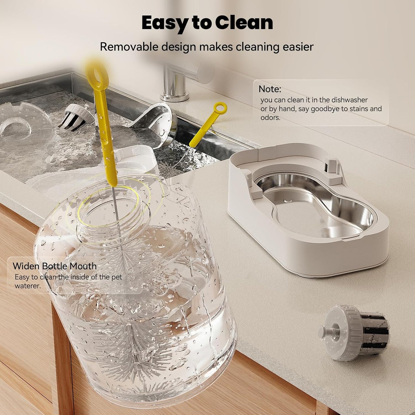 Side profile of white JUNSPOW pet feeder and waterer setup on floor