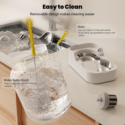 Side profile of white JUNSPOW pet feeder and waterer setup on floor