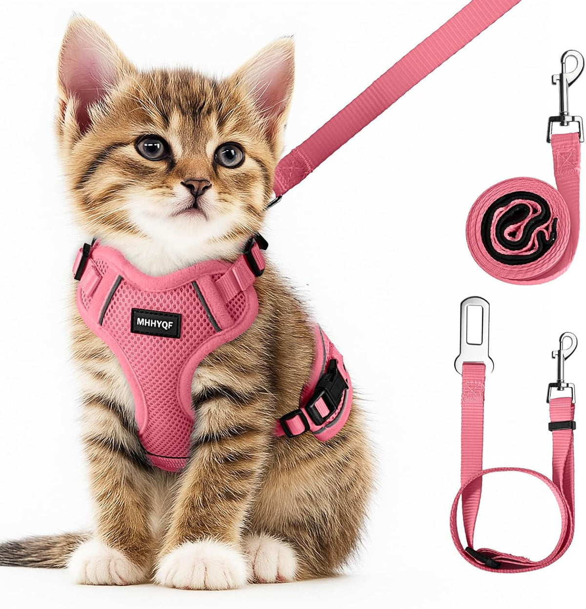MHHYQF breathable pet mesh jacket demonstrating the dual metal D-ring leash connections.