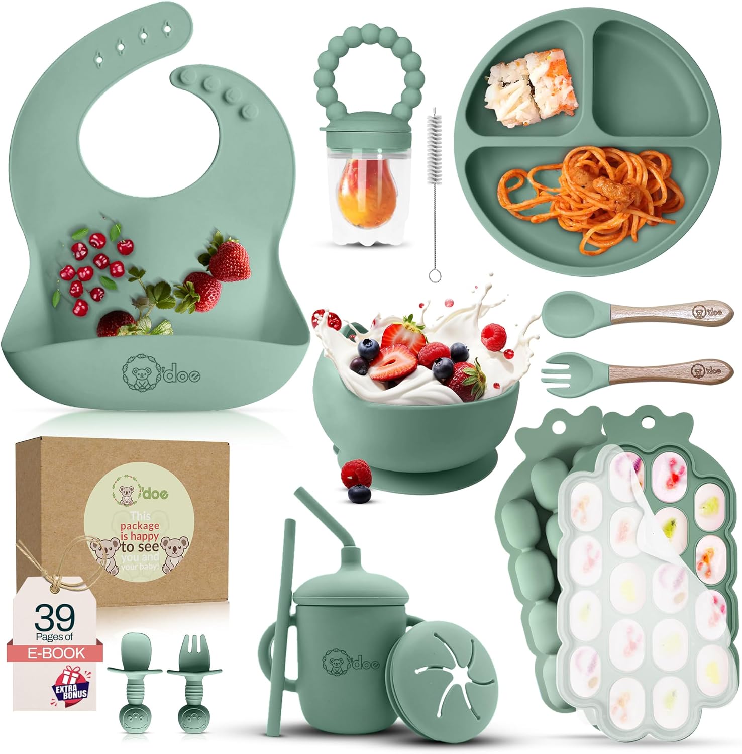 O'doe Baby Weaning Set â€“ 15 Pcs Silicone Baby Feeding Set with Suction Plate, Bowl, Bib, Sippy Cup, Fruit Feeder & Freezer Tray â€“ Baby Plates and Bowls Set for 3M+ | BPA-Free Baby Dishes & Utensils - Image 1