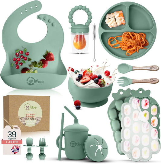 O'doe Baby Weaning Set â€“ 15 Pcs Silicone Baby Feeding Set with Suction Plate, Bowl, Bib, Sippy Cup, Fruit Feeder & Freezer Tray â€“ Baby Plates and Bowls Set for 3M+ | BPA-Free Baby Dishes & Utensils - Image 1