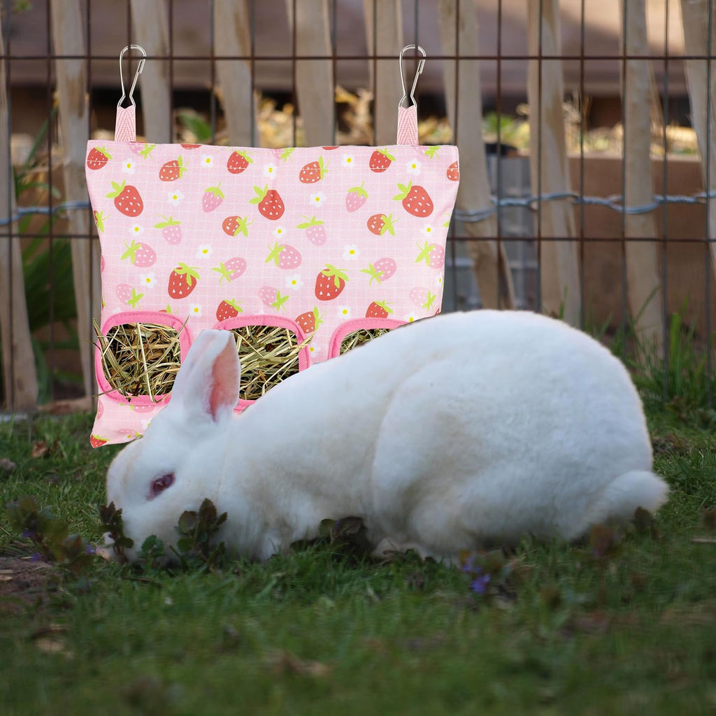 Lesnala 2pcs Bunny hay feeder Rabbit hay feeder bag Hanging guinea pig hay bag Large capacity cotton canvas fabric hay bag for Rabbits Bunny Chinchillas Hamsters and Other Small Pets(3 Holes,2 styles) - Image 3