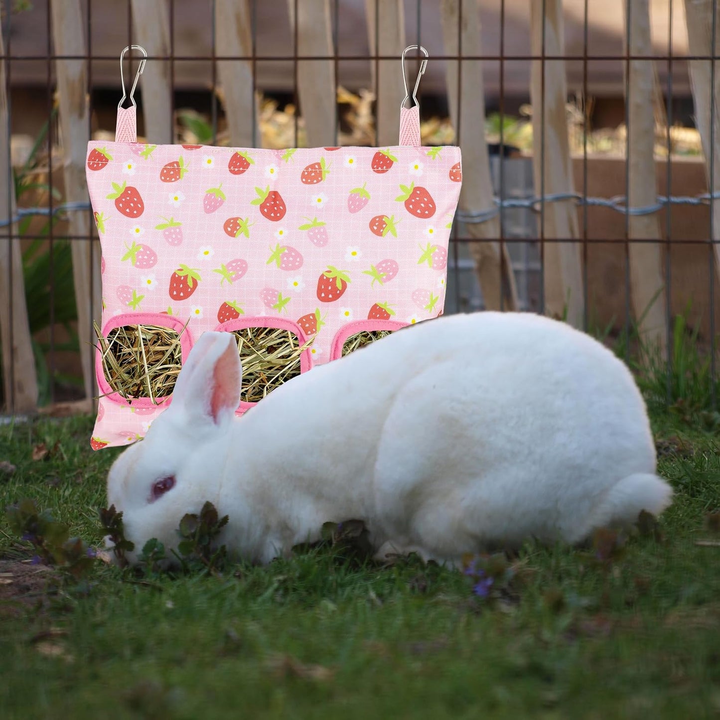 Lesnala 2pcs Bunny hay feeder Rabbit hay feeder bag Hanging guinea pig hay bag Large capacity cotton canvas fabric hay bag for Rabbits Bunny Chinchillas Hamsters and Other Small Pets(3 Holes,2 styles) - Image 3