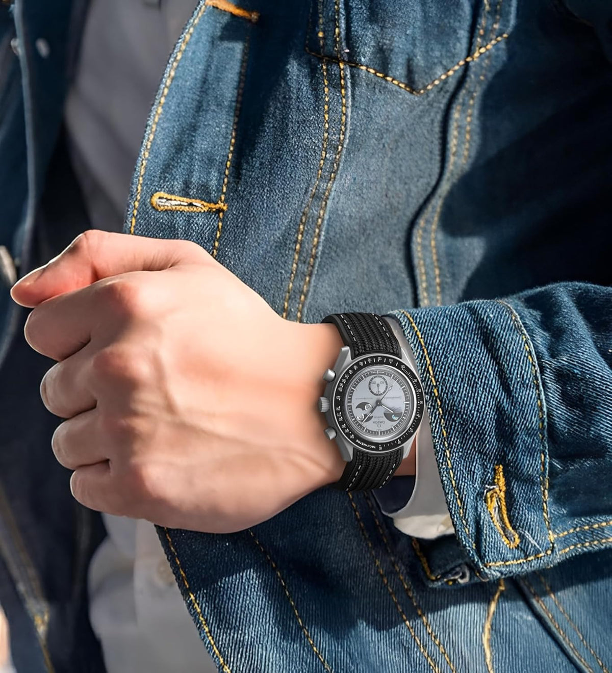 REBANDACE speedmaster compatible band installed on a bioceramic watch case