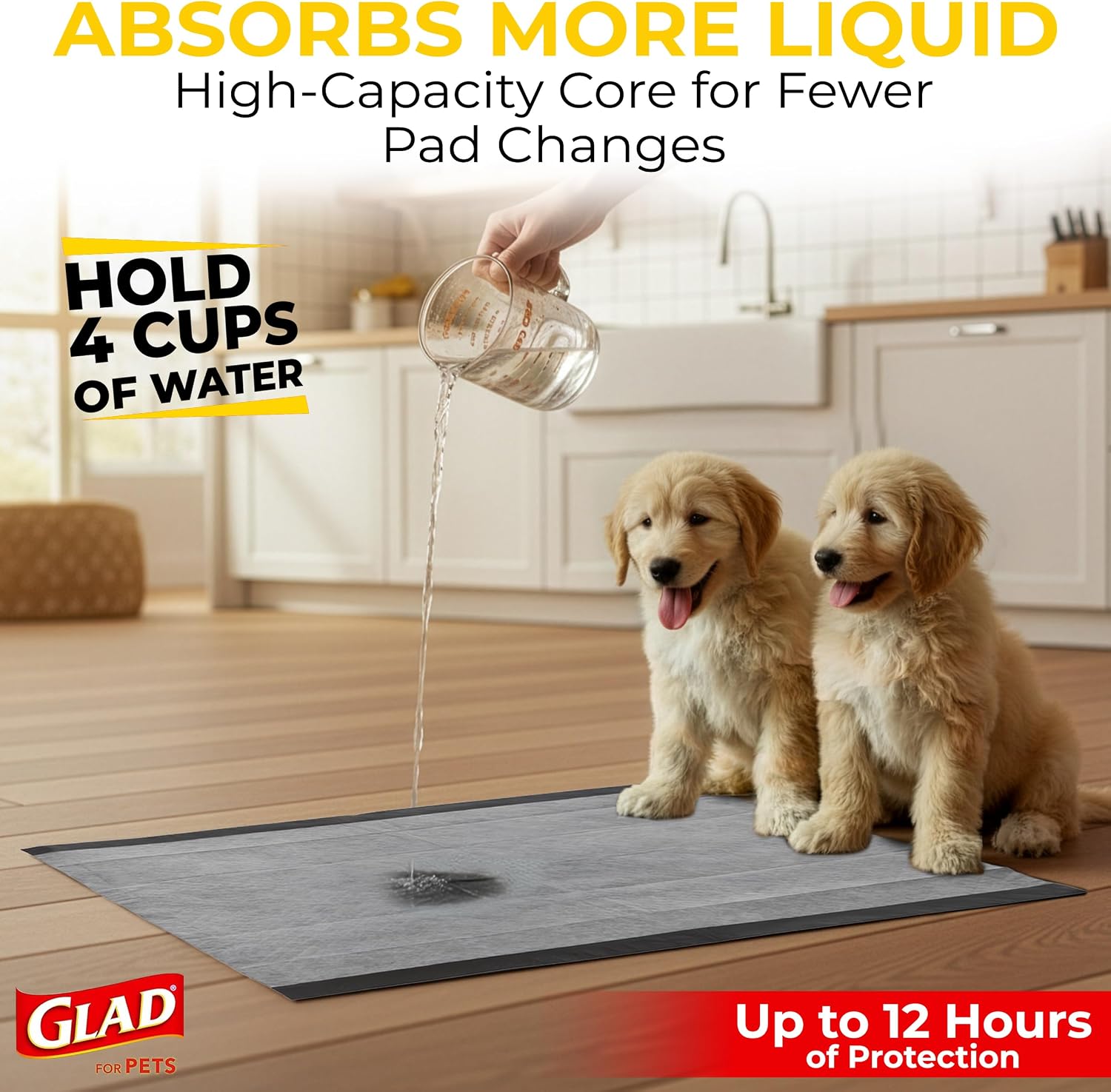 Glad charcoal puppy pee pads showing the black activated carbon layer