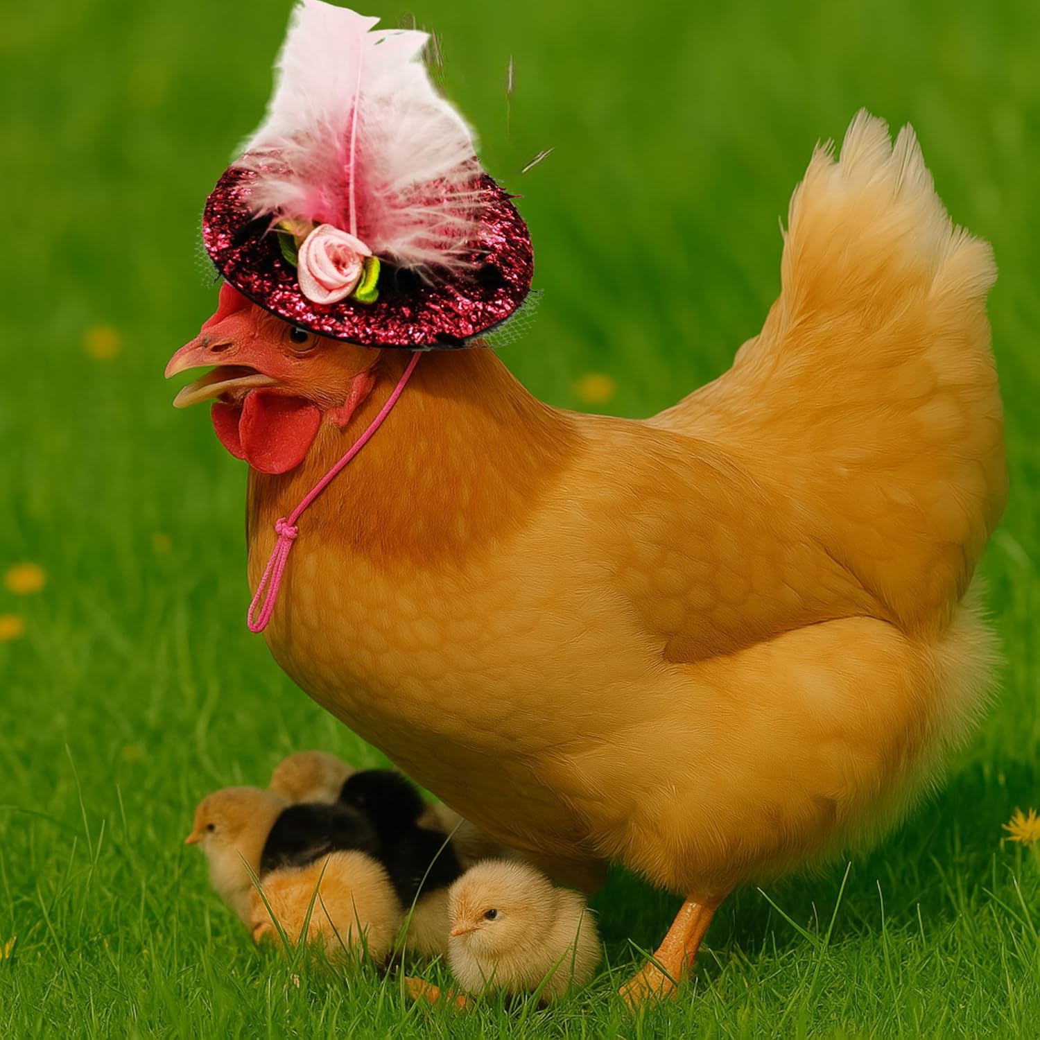 Real chicken wearing authentic imported pink tulle skirt outfit for parties.
