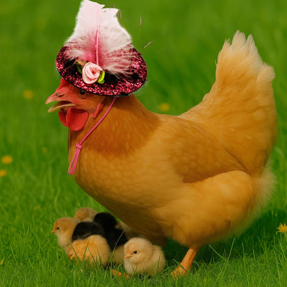 Real chicken wearing authentic imported pink tulle skirt outfit for parties.