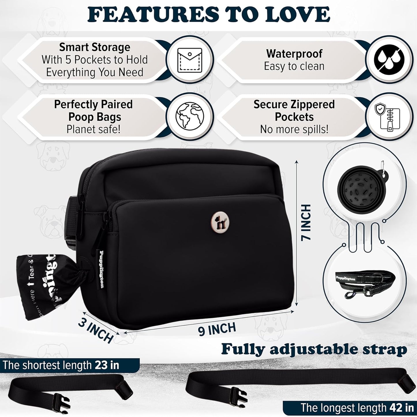 Hands free pet bag holding phone keys water bottle and training treats
