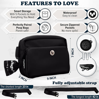Hands free pet bag holding phone keys water bottle and training treats