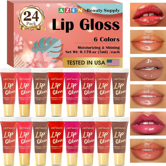 AZEN 24 pack lip gloss set with multiple colorful tubes for high shine and hydration