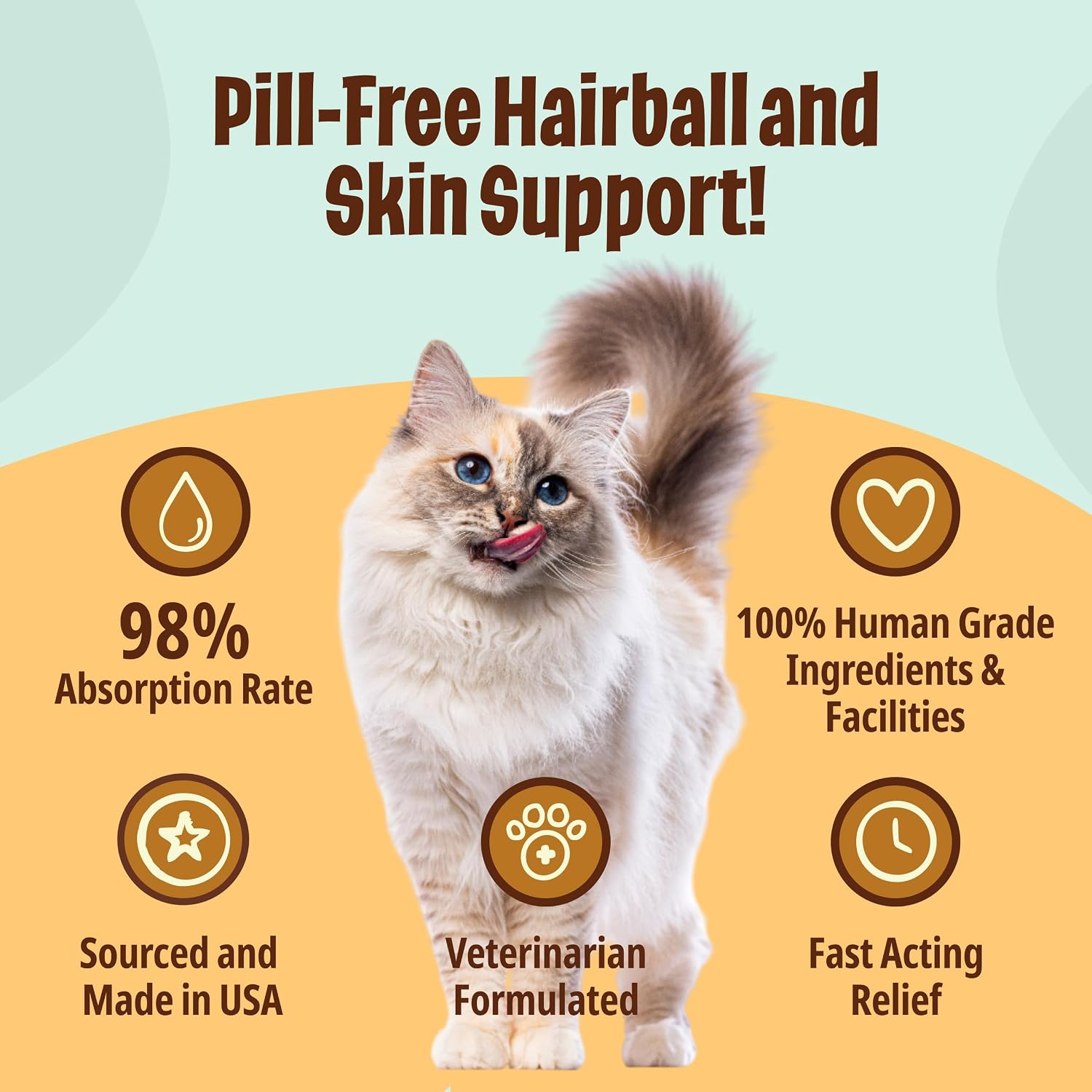 Licks Cat Hairball holistic supplement packaging detailing the 98 percent absorption rate