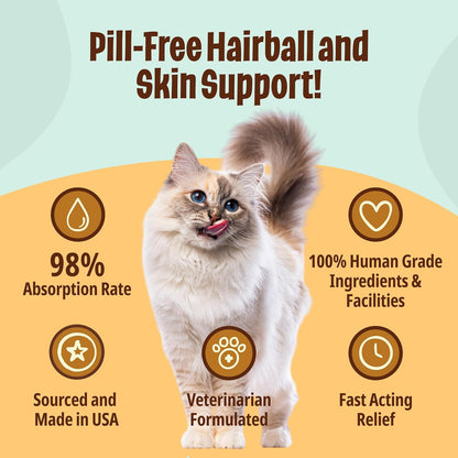 Licks Cat Hairball holistic supplement packaging detailing the 98 percent absorption rate