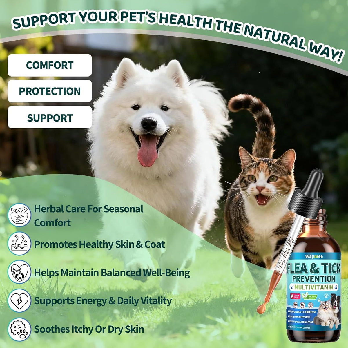 Natural herbal pet supplement dropper bottle close up