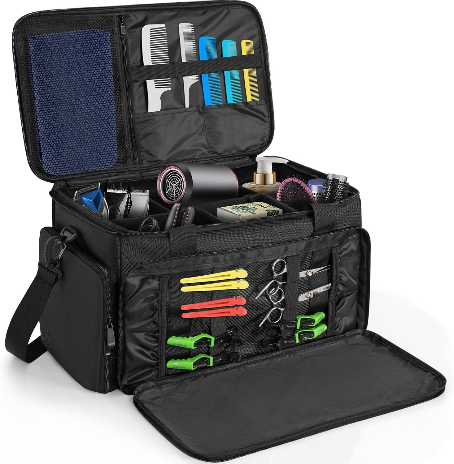 TORIBIO Large Capacity Hairdresser Bag front view showing professional black styling organizer.