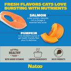 Natoo cat food topper texture with salmon and pumpkin pieces